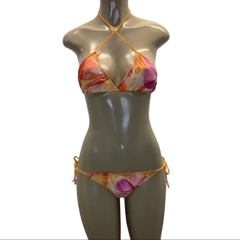 Indecent Proposal Bright Floral Print Side Ties Bikini Set Made in USA NWT